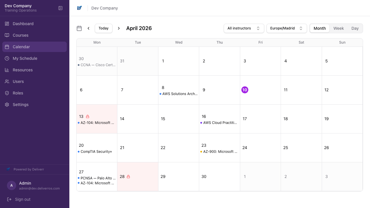 Scheduling view — course calendar with instructor assignments