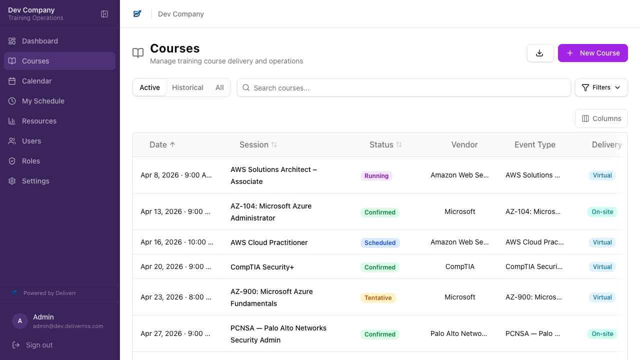 Deliverr platform — course scheduling view