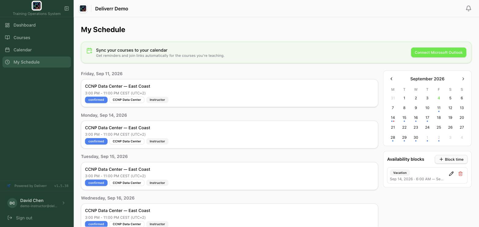 Instructor schedule — assigned courses and availability blocks in the instructor's own timezone